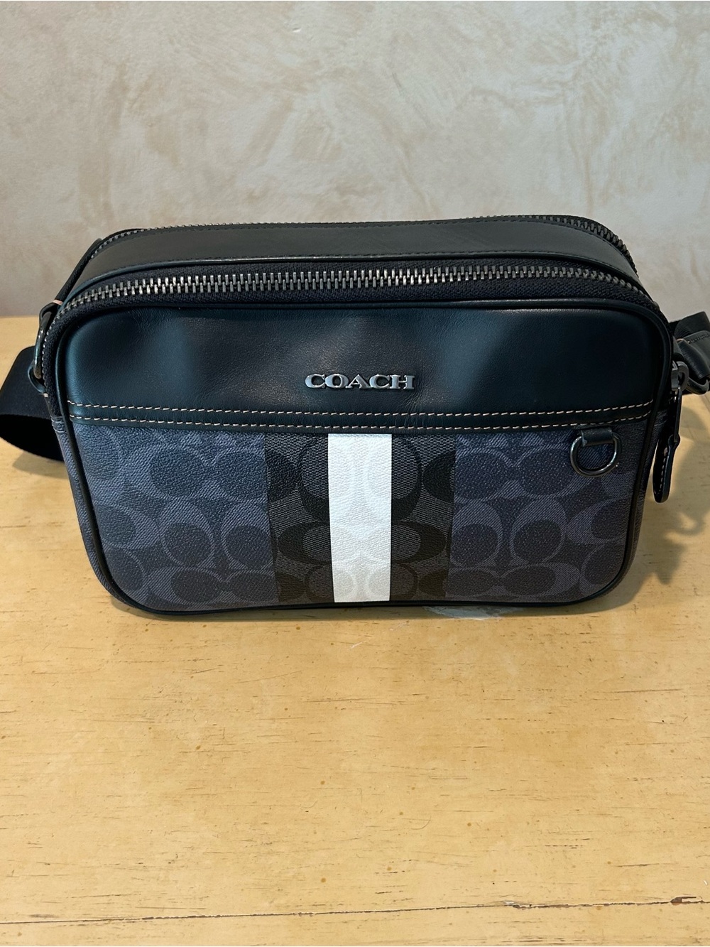 Coach graham denim blue crossbody blocked signature canvas, leather unisex bag